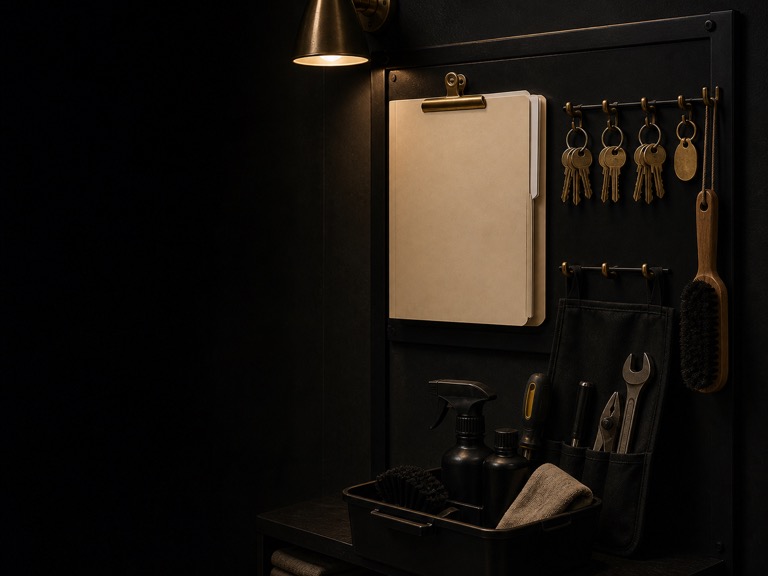 A cream service folder, building keys, cleaning supplies, and tools arranged on a dark wall-mounted operations board.