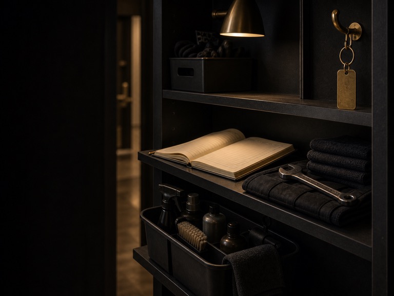 An open service logbook, cleaning supplies, folded cloths, tools, and a key tag arranged on dark maintenance shelves.