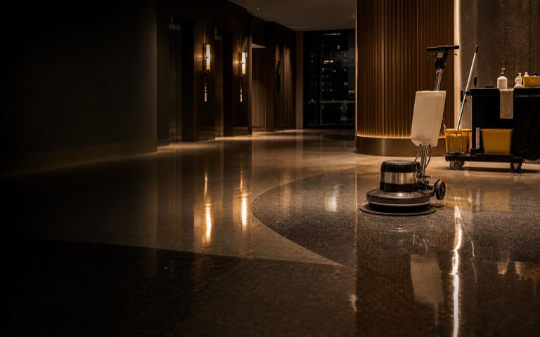 A freshly waxed commercial lobby floor with floor-care equipment staged after hours.