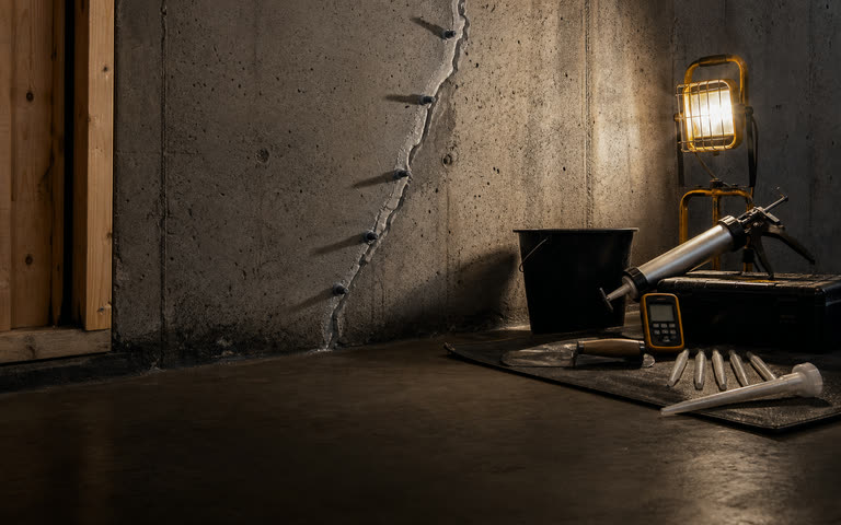 A concrete foundation wall with a repaired crack, injection ports, waterproofing tools, and a portable work light.