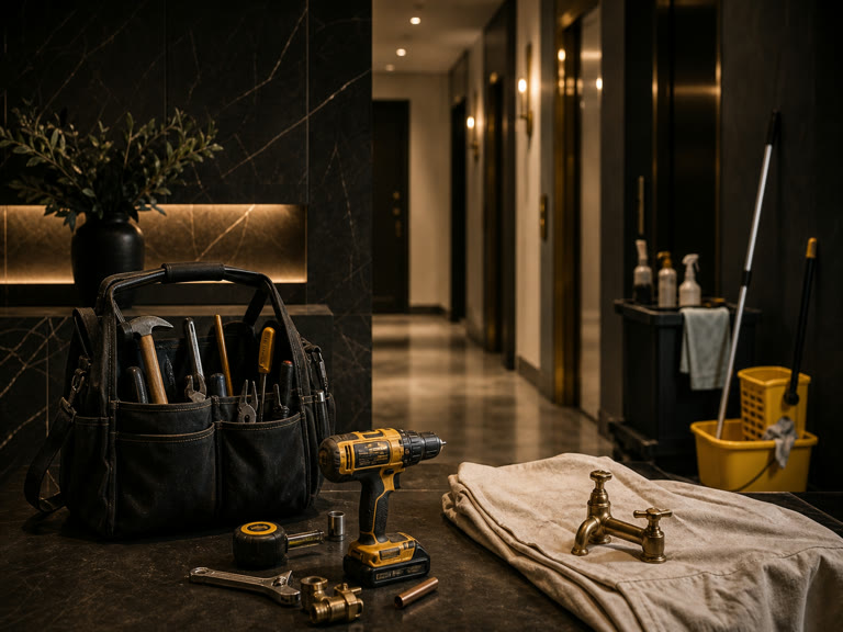 A renovation tool bag, drill, plumbing fixture, and cleaning supplies staged in a finished building corridor.
