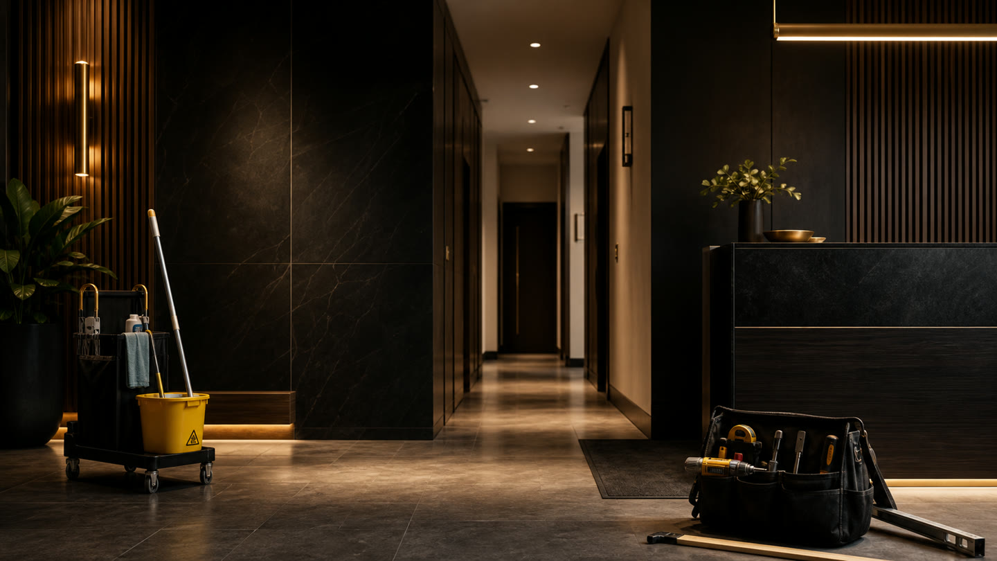A polished building corridor with cleaning equipment and repair tools staged after renovation work.
