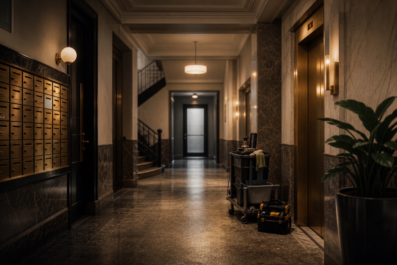A maintained apartment building lobby with mailboxes, an elevator, cleaning supplies, and a tool bag.